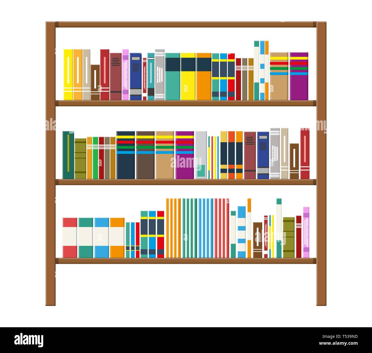 Library wooden book shelf. Bookcase with different books. Vector