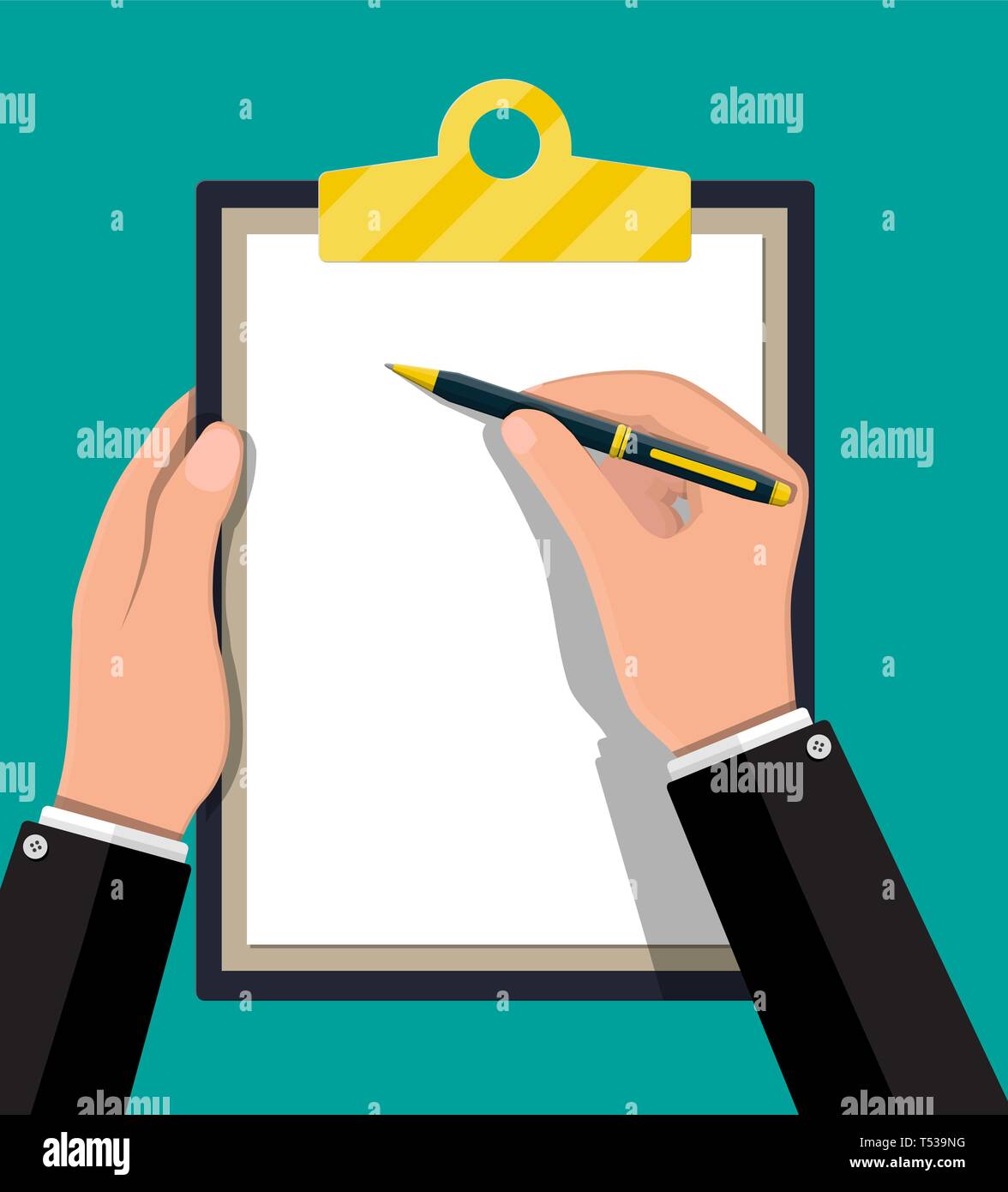 Hands with pen holding clipboard with empty sheet of paper. Office or ...