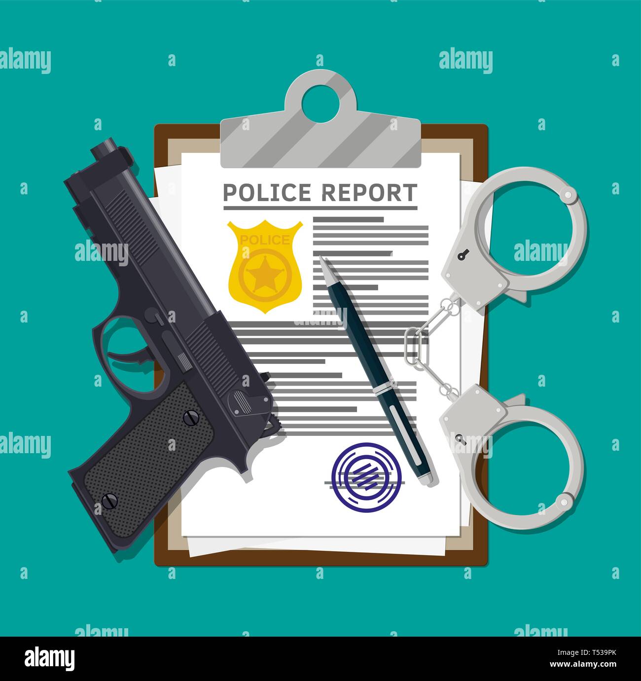 Clipboard with police report and pen. Report sheet with gold police badge. Legal fine document and stack of papers with stamp. Pistol gun and handcuff Stock Vector
