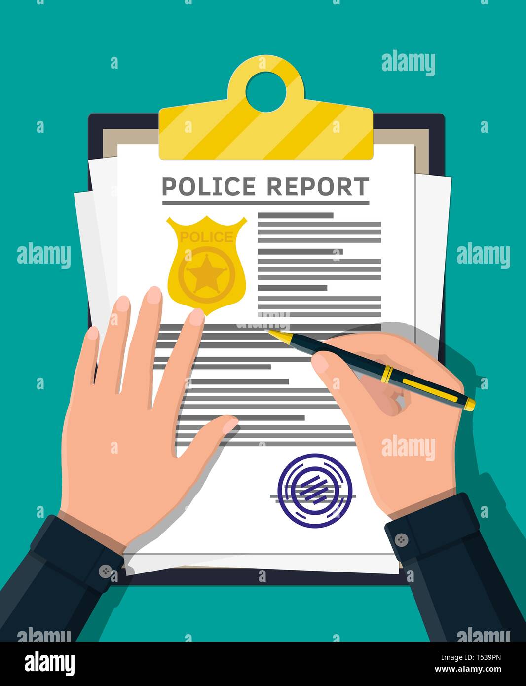 Clipboard with police report and pen in hand. Report sheet with gold police badge. Legal fine document and stack of papers with stamp. Vector illustra Stock Vector