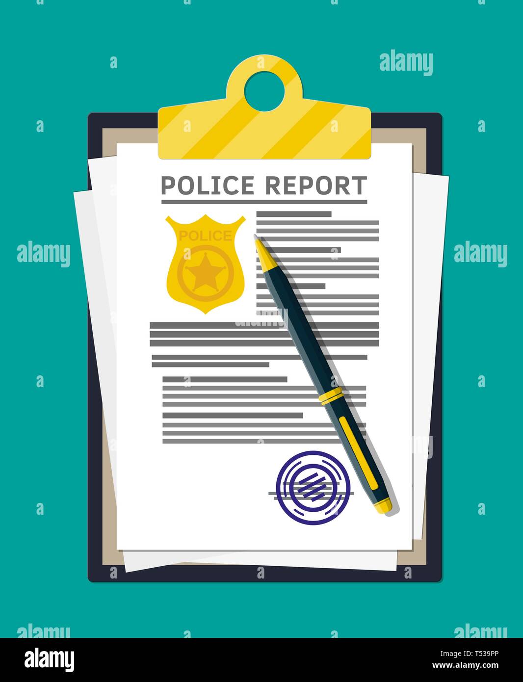 Clipboard with police report and pen. Report sheet with gold police badge. Legal fine document and stack of papers with stamp. Vector illustration in  Stock Vector