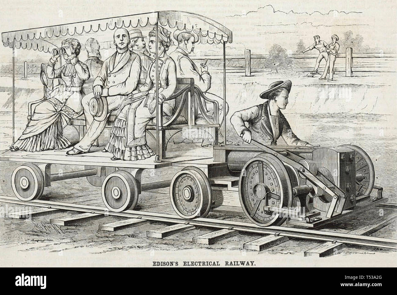 THOMAS EDISON (18457-1931) American inventor's trial electric train at his Menlo Park research facility Stock Photo