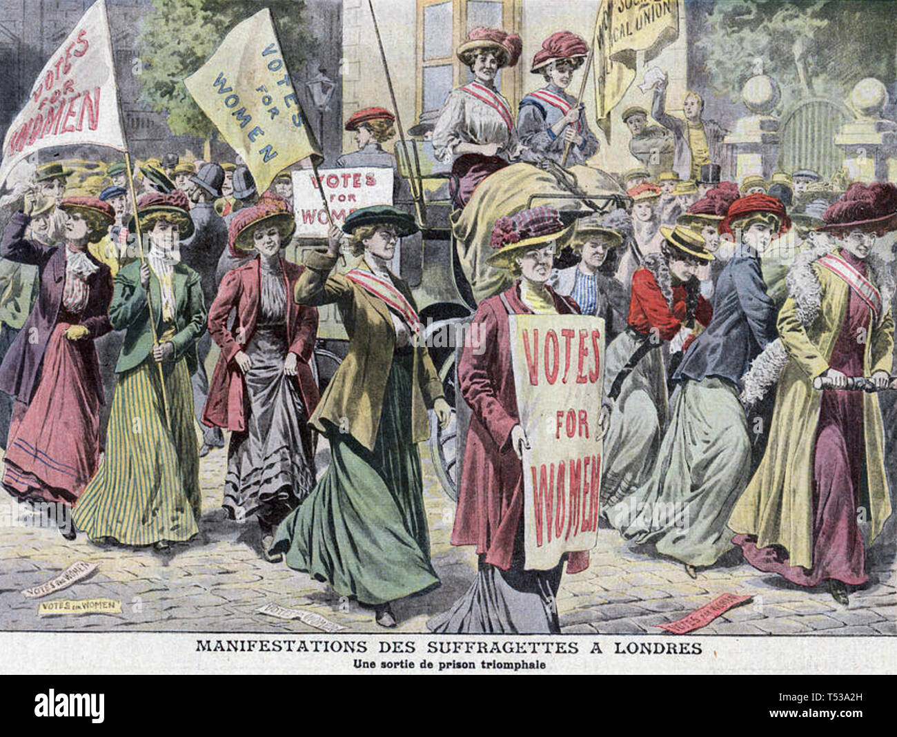 SUFFRAGETTE PARADE 22 August 1908. Newly released suffragettes Edith New and Mary Leigh are pulled in triumph on a cart from Holloway Prison to Queen's Hall, Langham Place,London. Illustration from a contemporary French magazine. Stock Photo