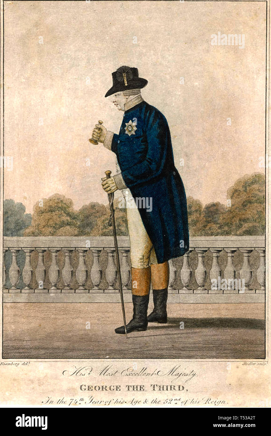GEORGE III (1738-1820) contemporary print showing the 74-year old King on the terrace of Buckingham Palace with a bell for attracting attention Stock Photo