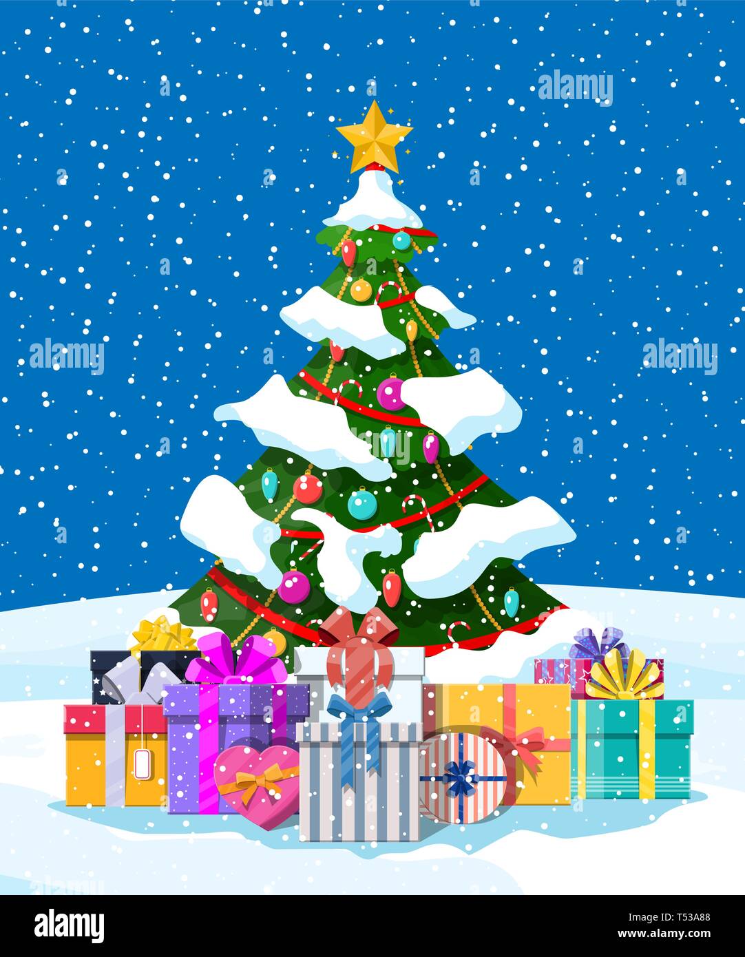 Christmas Tree Decorated With Colorful Balls Garland Lights Golden Star Lots Of Gift Boxes Spruce Evergreen Tree Greeting Card Festive Poster Stock Vector Image Art Alamy