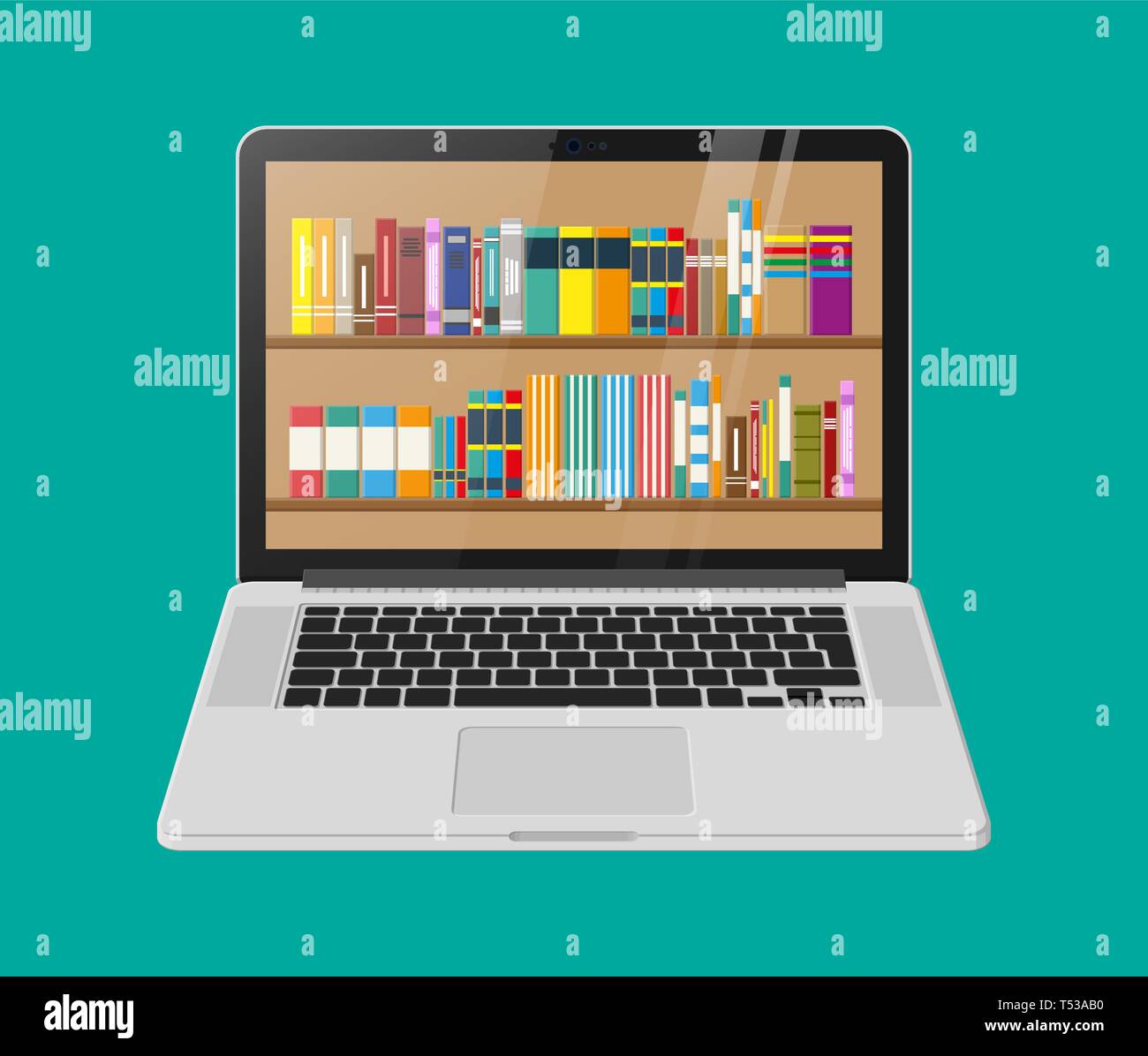 Laptop and book shelf. Digital library, online book store, e-reading.  Bookcase with different books. Vector illustration in flat style Stock  Vector Image & Art - Alamy