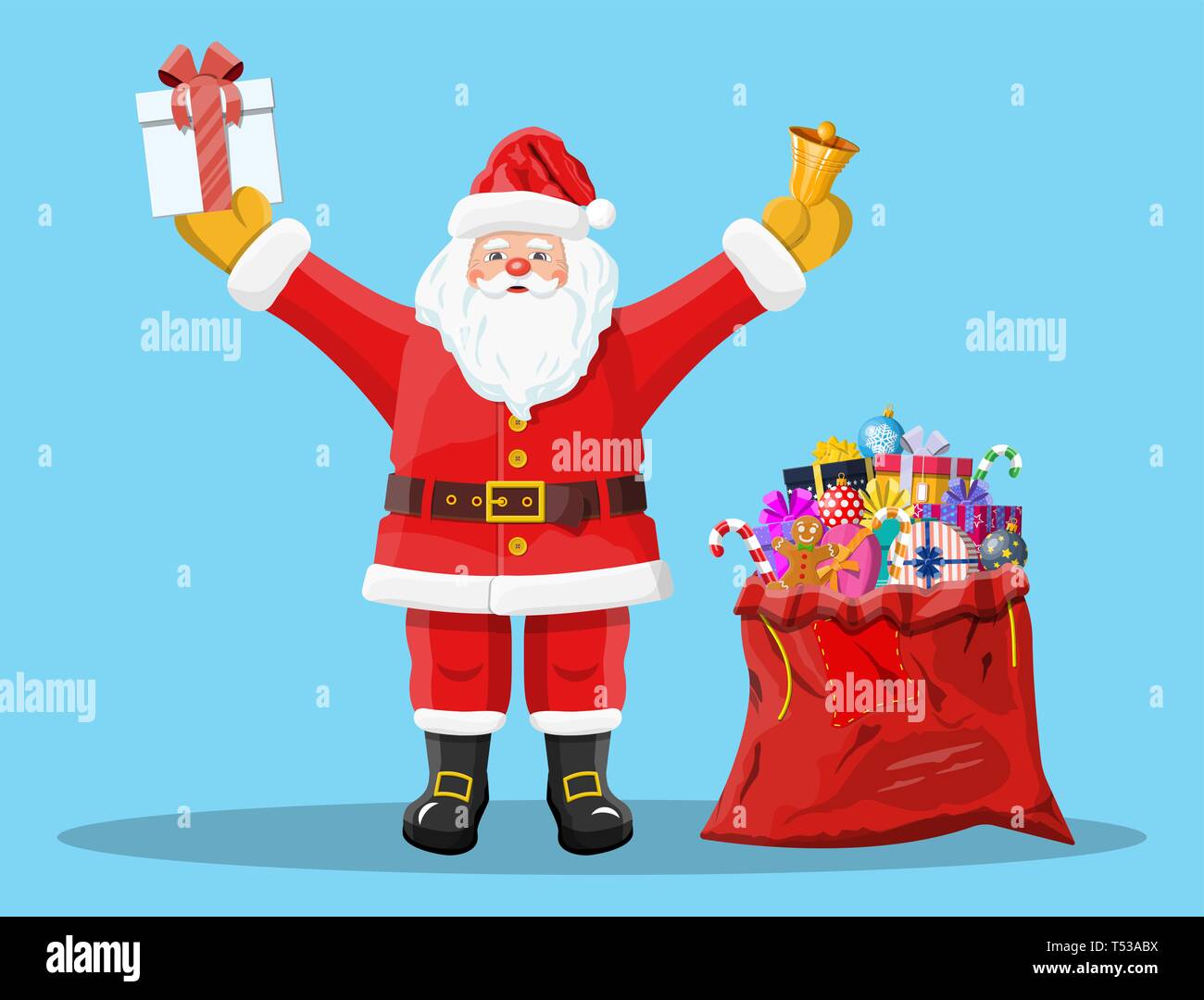 Santa Claus With Red Bag With Presents Gift Boxes Jingle Bell