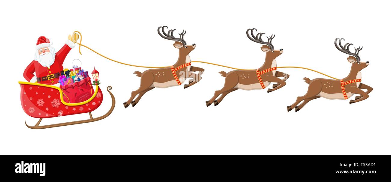 Santa claus on sleigh full of gifts and his reindeers. Happy new year ...