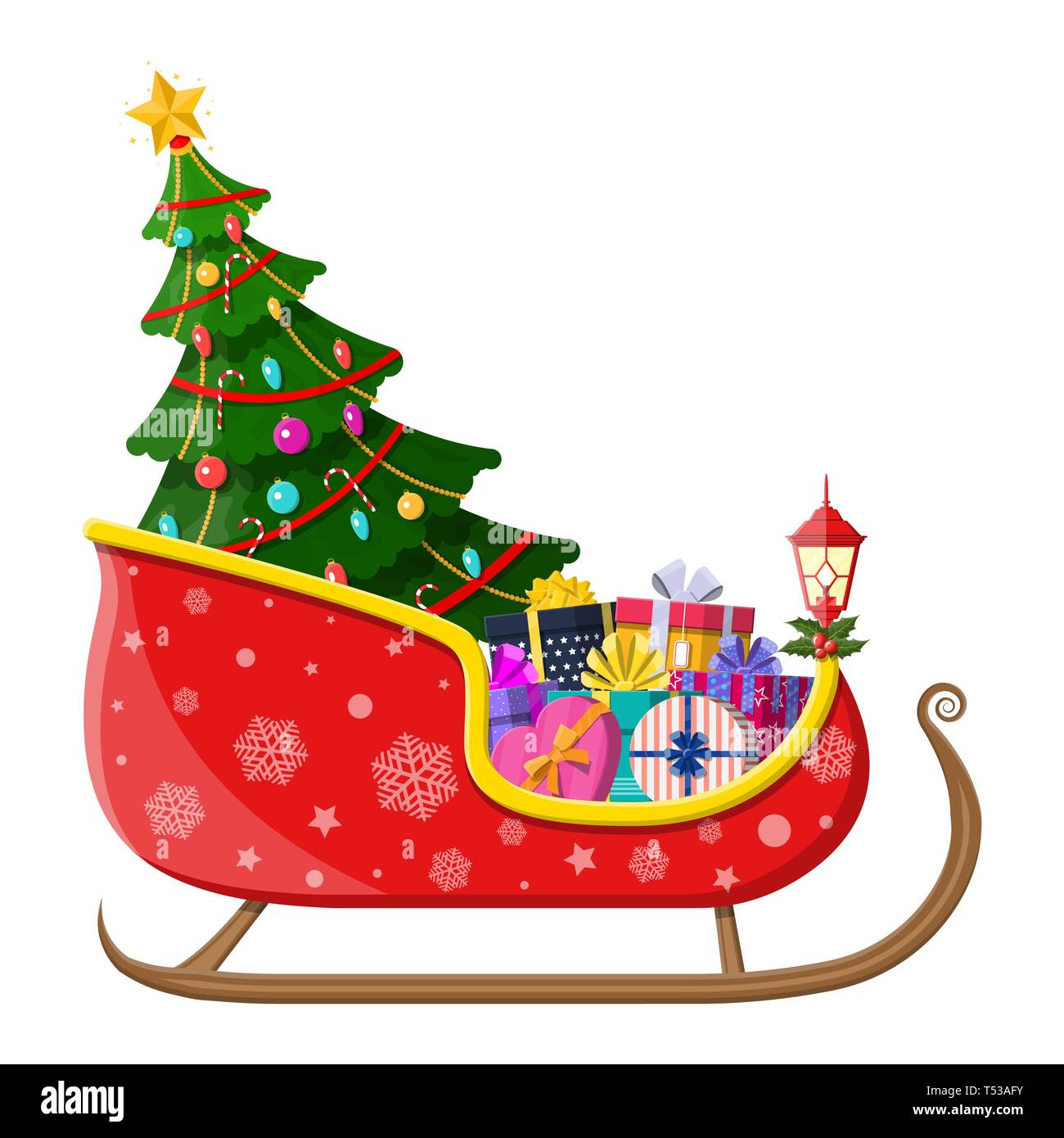 Santa claus sleigh with gifts boxes with bows and christmas tree. Happy