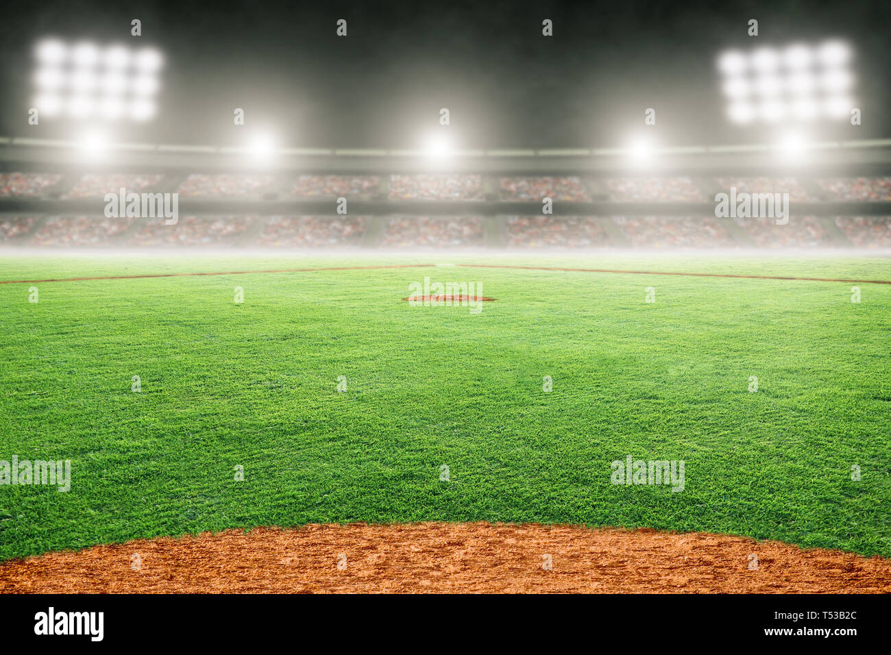 Baseball field at brightly lit outdoor stadium. Focus on foreground and shallow depth of field