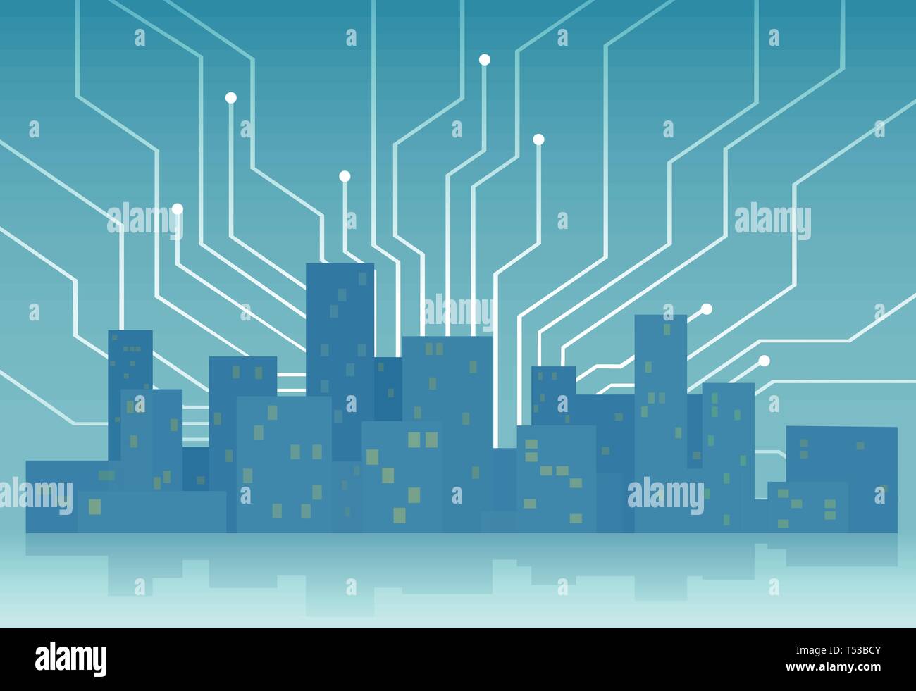 Smart city concept. Vector template with skyscrapers skyline controlled and interconnected by modern digital technology. Stock Vector