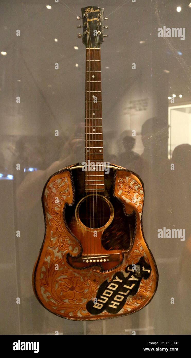 April 20, 2019 - New York City, New York, U.S. - BUDDY HOLLY Gibson J-45  Guitar on display at the 'Play It Loud: Instruments of Rock and Roll'  exhibit held at the
