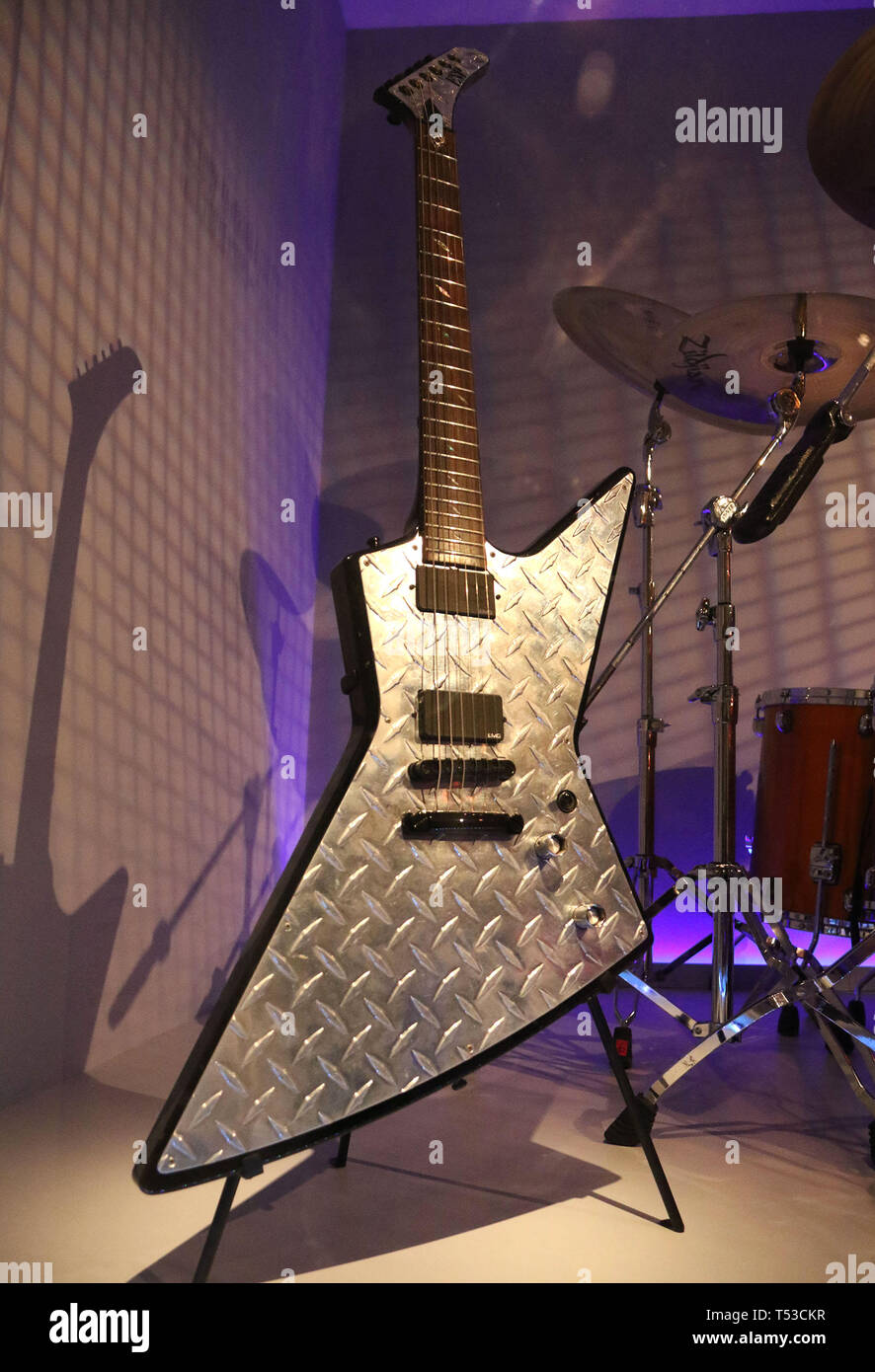 April 19 New York City New York U S Jh 2 Esp Custom Shop Electric Guitar Used By James Hetfield From Metallica On Display At The Play It Loud Instruments Of