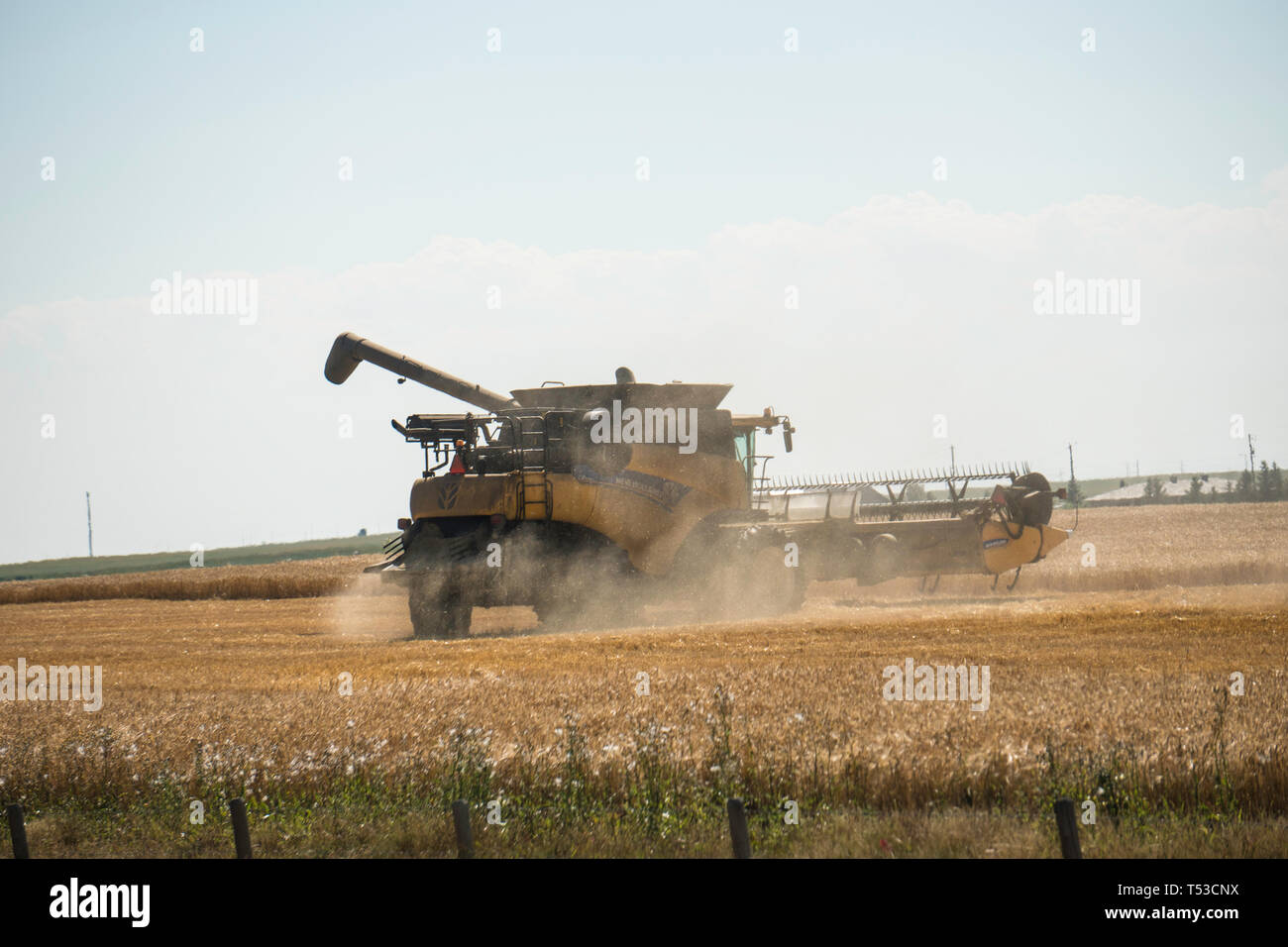 August 22 2017 Calgary, Alberta, Canada Farm tractors and equipment harvesting the crop