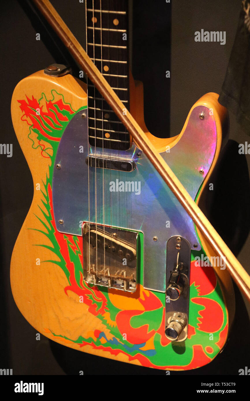 April 20, 2019 - New York City, New York, U.S. - 'DRAGON' Telecaster Fender Electric Guitar with violin bow owned by JIMMY PAGE on display at the 'Play It Loud: Instruments of Rock and Roll' exhibit held at the Metropolitan Museum of Art. Guitar was a gift from Jeff Beck to Jimmy Page, who added artwork. (Credit Image: © Nancy Kaszerman/ZUMA Wire) Stock Photo