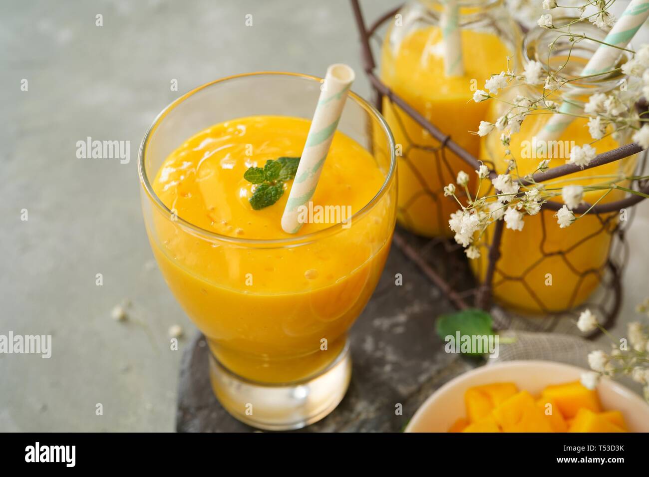 Mango Lassi / Indian mango yogurt drink, selective focus Stock Photo ...