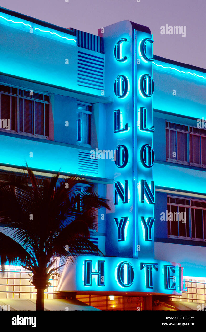 Miami Beach Florida,Ocean Drive,Colony,hotel hotels lodging inn motel motels,neon sign,information,advertise,electric,inert gas,light,message,advertis Stock Photo