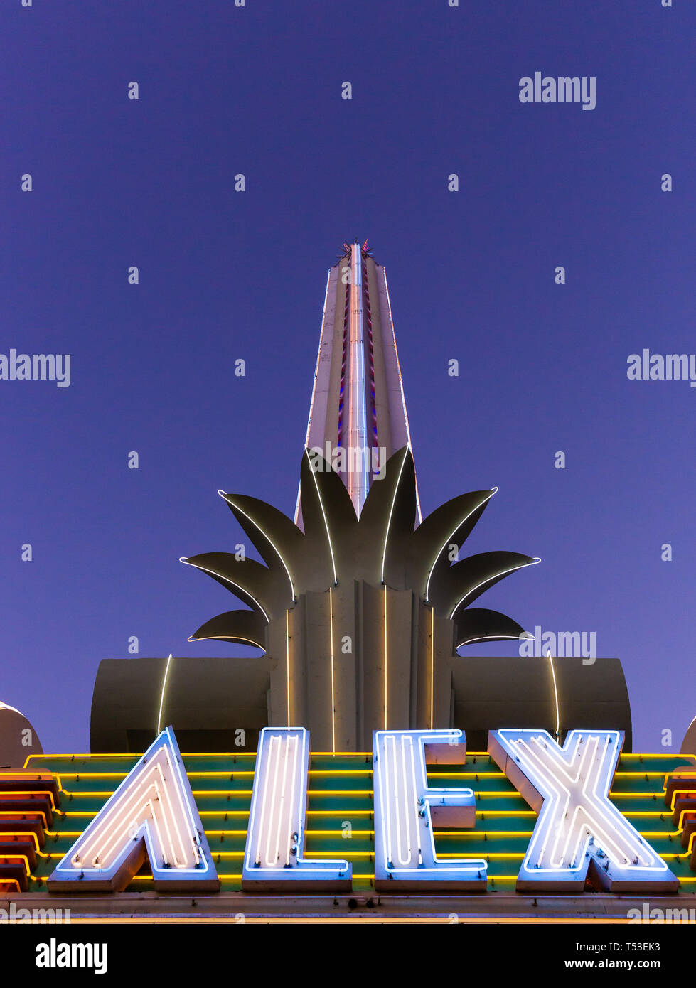 Marquee and neon sign of landmark movie palace Alex Theatre, shot at