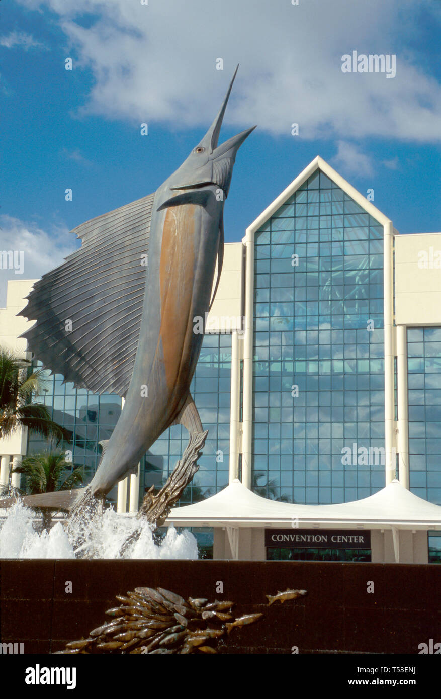 Ft. Fort Lauderdale Florida,Convention Center fountain,flowing water,public art artwork,features sailfish statue,public art artwork,memorial,public ar Stock Photo