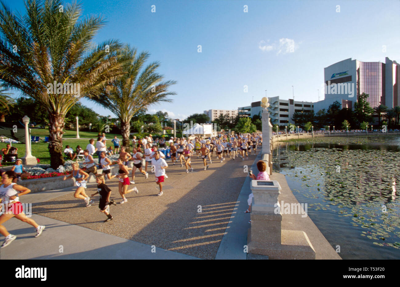 Florida Polk County Lakeland Lake Mirror Arts and Athletes Festival 5K Run charity event city skyline,cityscape,downtown,city center centre,buildings, Stock Photo