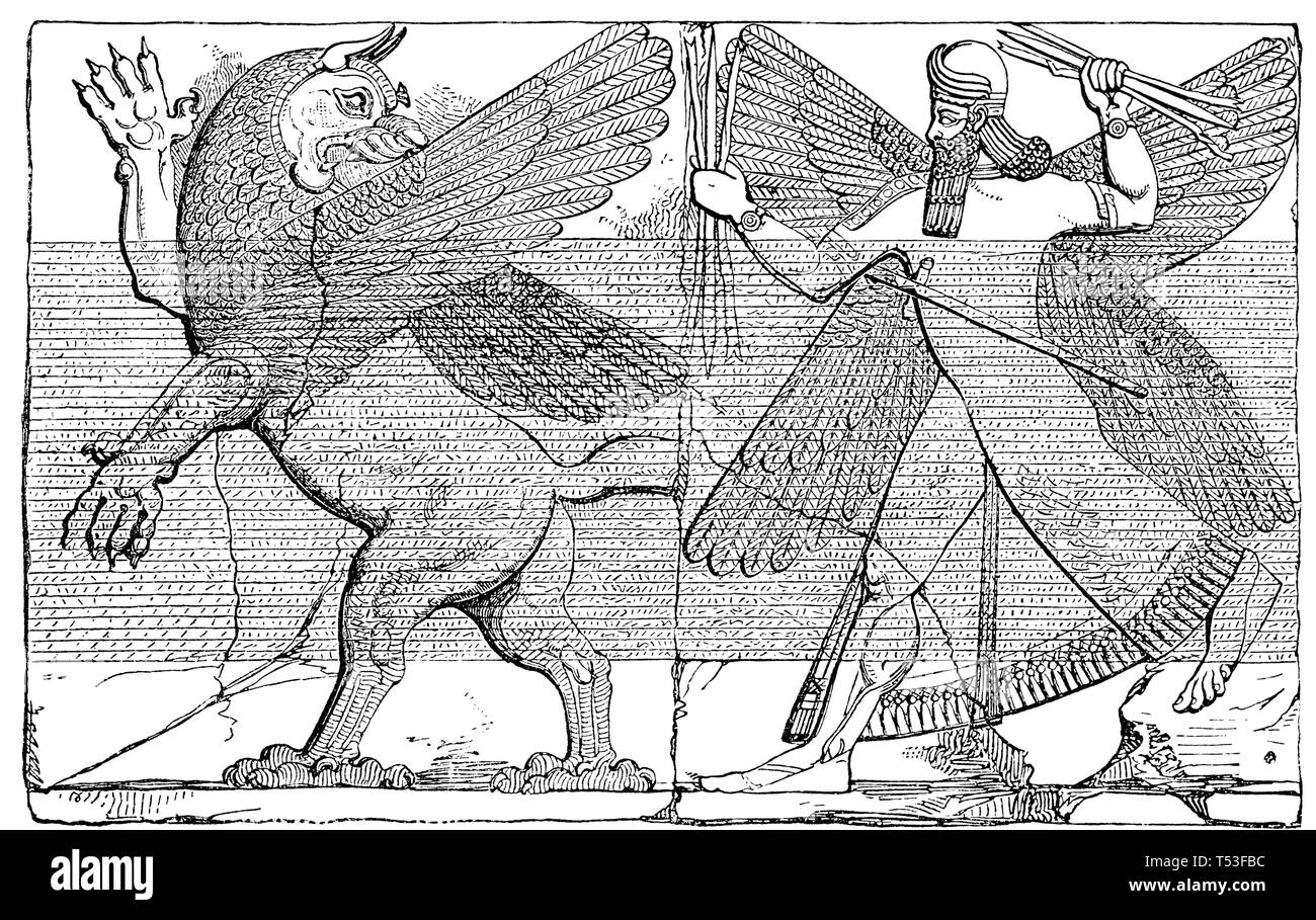 Merodach fighting with the dragon. Relief from Nimrud. After Layard, Stock Photo