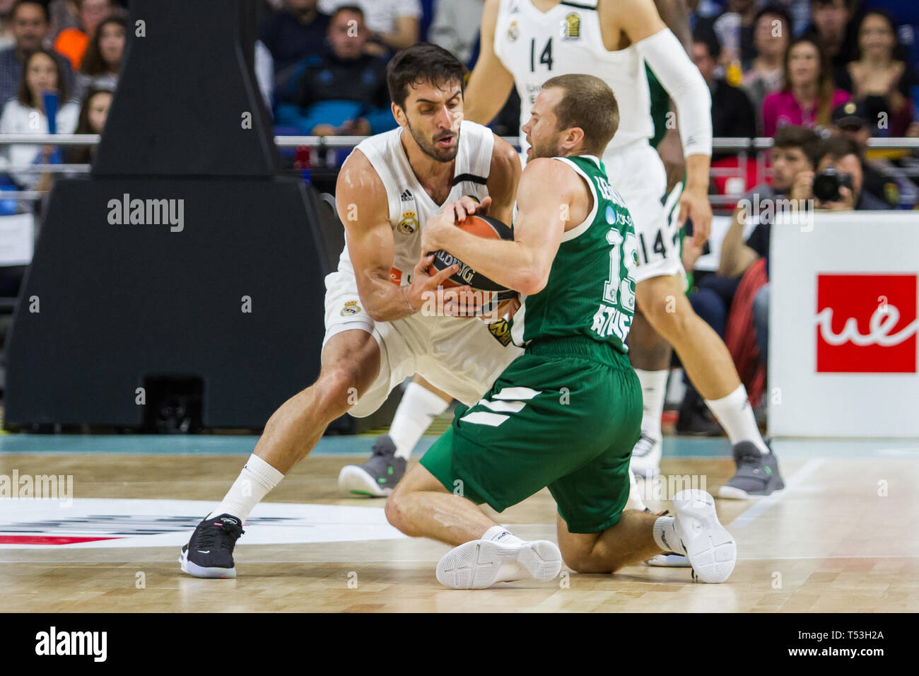 Madrid, Spain. 19th Apr, 2019. Facundo Campazzo (L) and Lukas Lekavicius (R) during Real Madrid victory over Panathinaikos Opap Athens (78 - 63) in Turkish Airlines Euroleague replayoff game 2 celebrated at Wizink Center in Madrid (Spain). April 19th 2019. Credit: Juan Carlos García Mate/Pacific Press/Alamy Live News Stock Photo