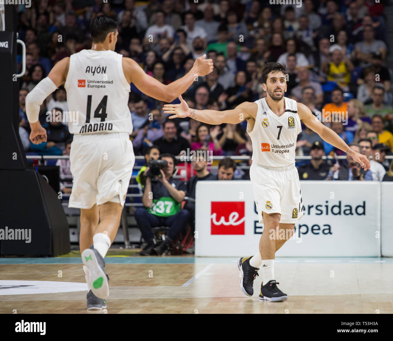 Madrid, Spain. 19th Apr, 2019. Facundo Campazzo (R) and Gustavo Ayón (L) during Real Madrid victory over Panathinaikos Opap Athens (78 - 63) in Turkish Airlines Euroleague replayoff game 2 celebrated at Wizink Center in Madrid (Spain). April 19th 2019. Credit: Juan Carlos García Mate/Pacific Press/Alamy Live News Stock Photo