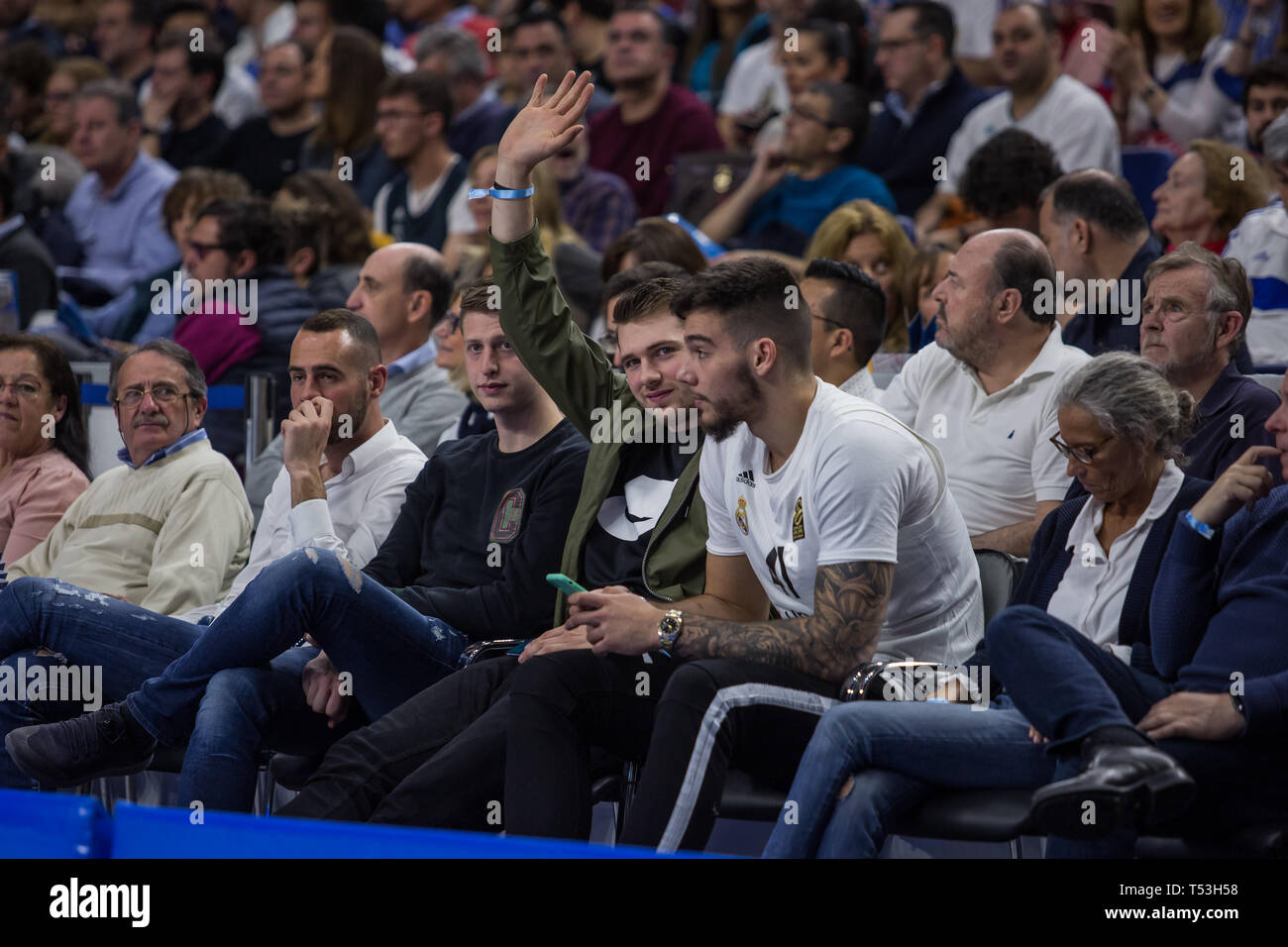 Madrid, Spain. 19th Apr, 2019. Luka Doncic (L) and Willy Hernangomez (R) during Real Madrid victory over Panathinaikos Opap Athens (78 - 63) in Turkish Airlines Euroleague replayoff game 2 celebrated at Wizink Center in Madrid (Spain). April 19th 2019. Credit: Juan Carlos García Mate/Pacific Press/Alamy Live News Stock Photo