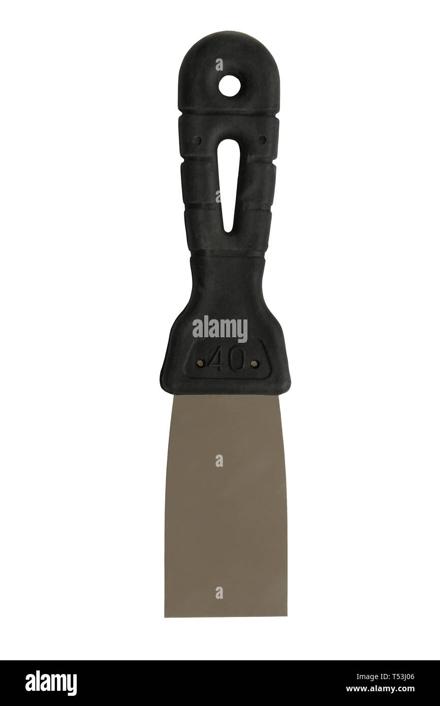 A narrow putty knife with a black plastic handle for sealing