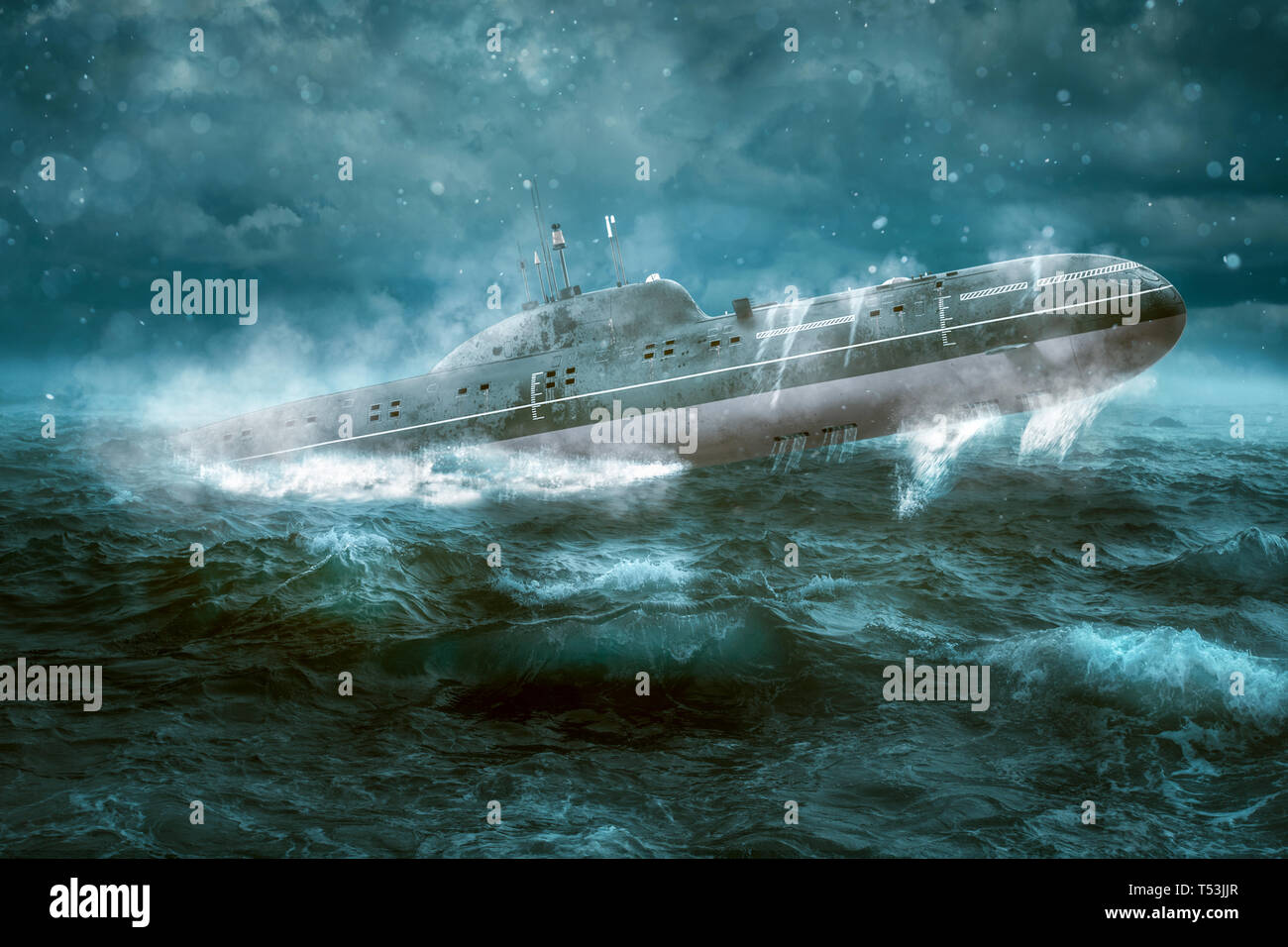 Russian atomic submarine emerges from the Atlantic Ocean - This Picture is a composing Stock Photo