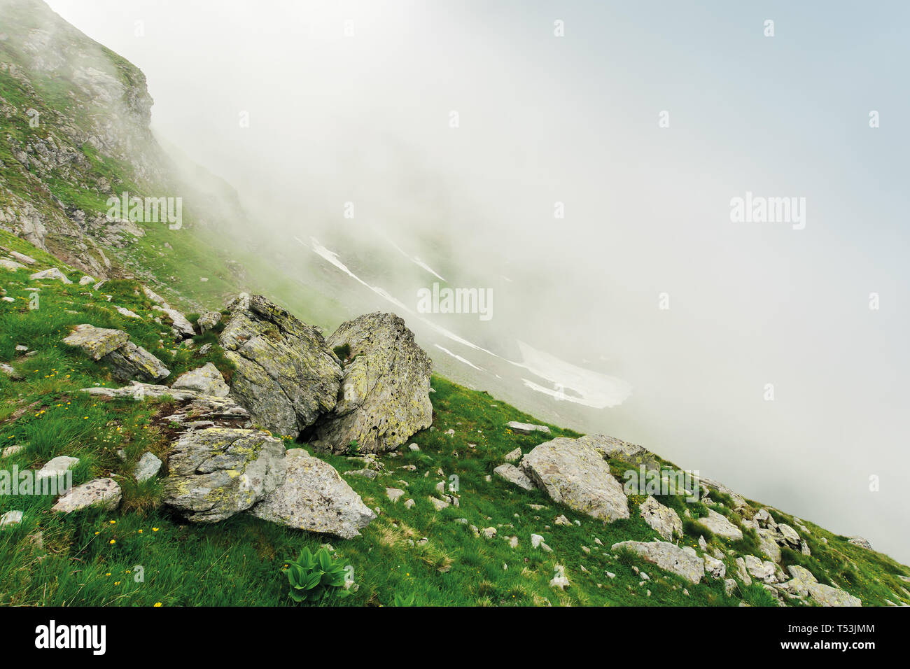 hiking uphill in the fog. huge boulders on a grassy slope. mysterious nature scenery. bad weather condition. extreme tourism concept Stock Photo