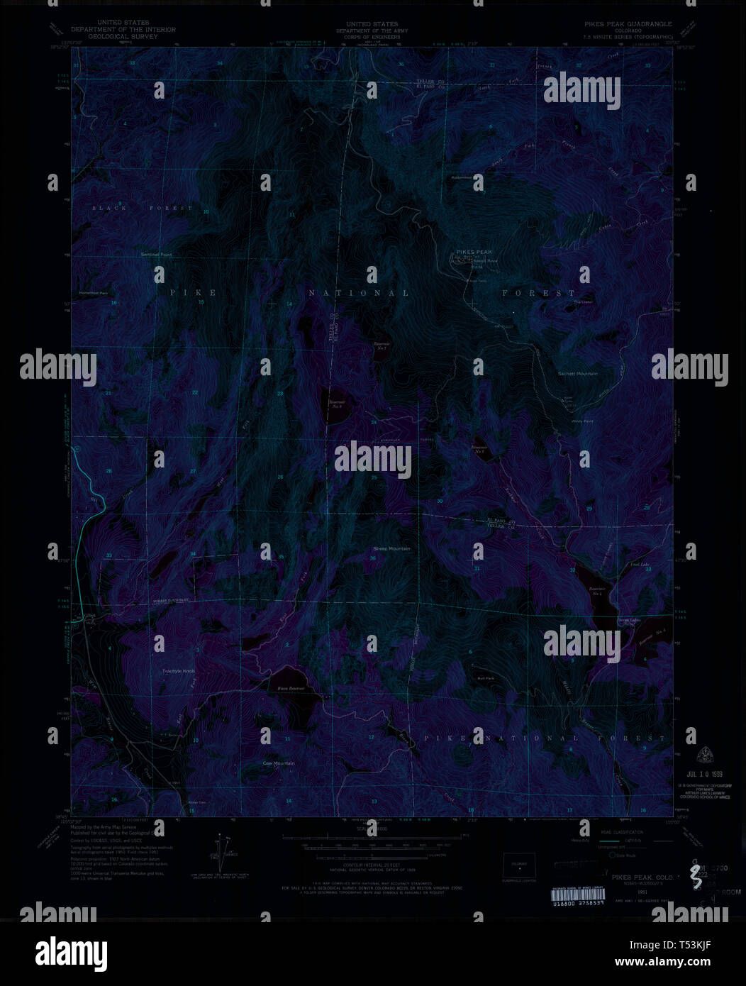 USGS TOPO Map Colorado CO Pikes Peak 401465 1951 24000 Inverted Restoration Stock Photo