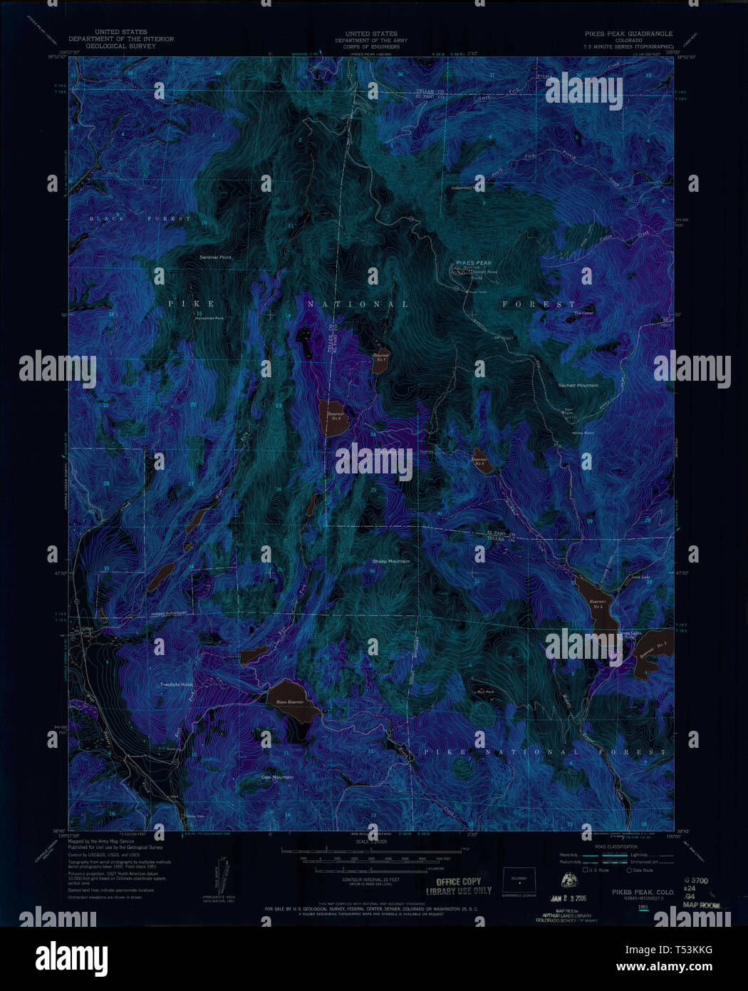 USGS TOPO Map Colorado CO Pikes Peak 401467 1951 24000 Inverted Restoration Stock Photo