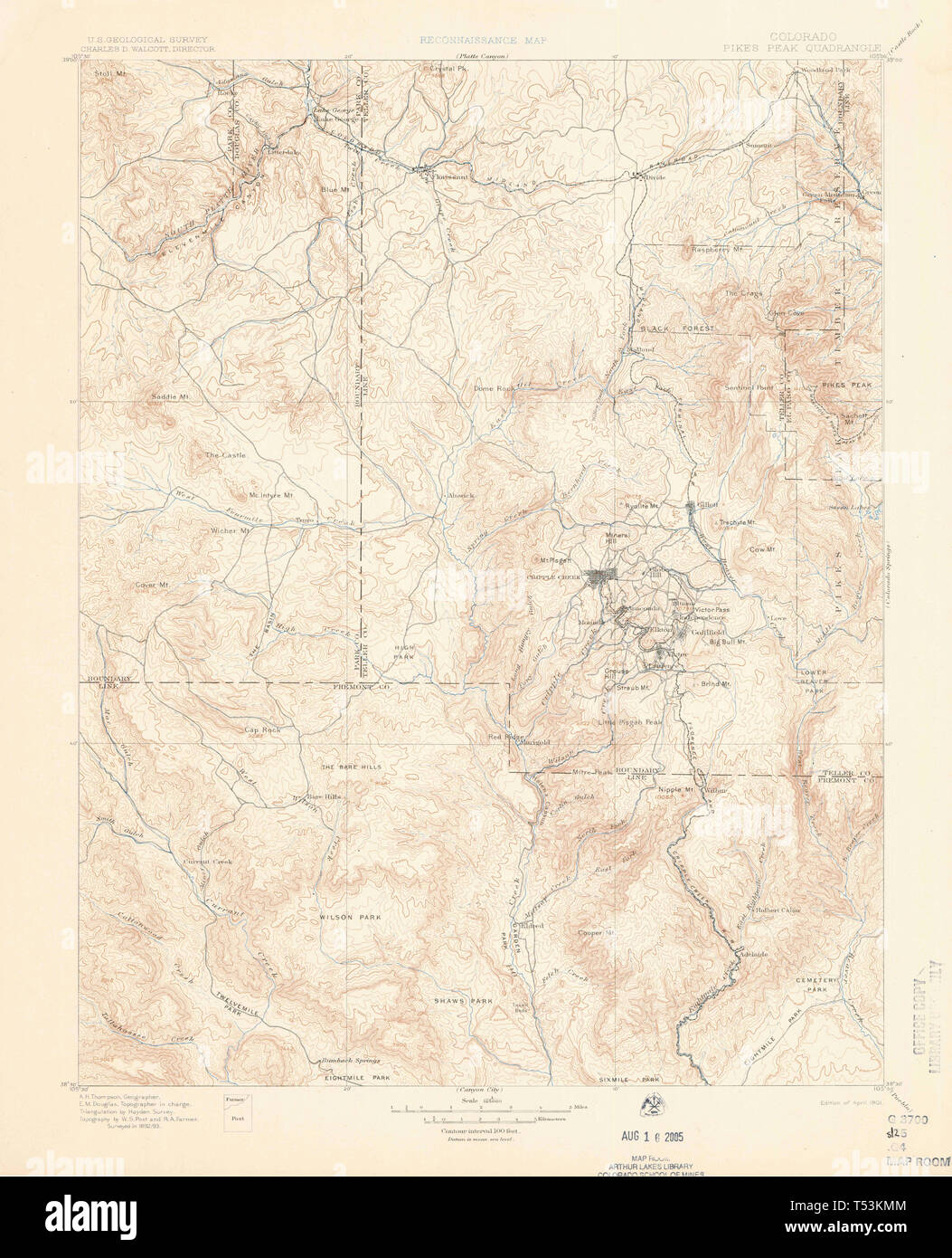 USGS TOPO Map Colorado CO Pikes Peak 402403 1901 125000 Restoration Stock Photo