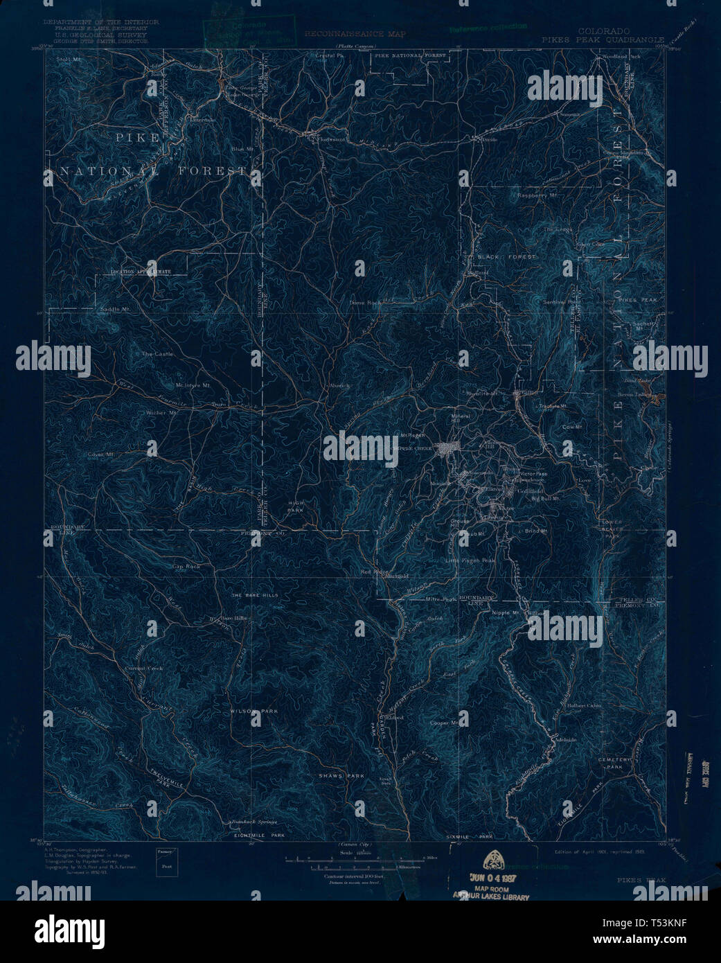 USGS TOPO Map Colorado CO Pikes Peak 402405 1901 125000 Inverted Restoration Stock Photo