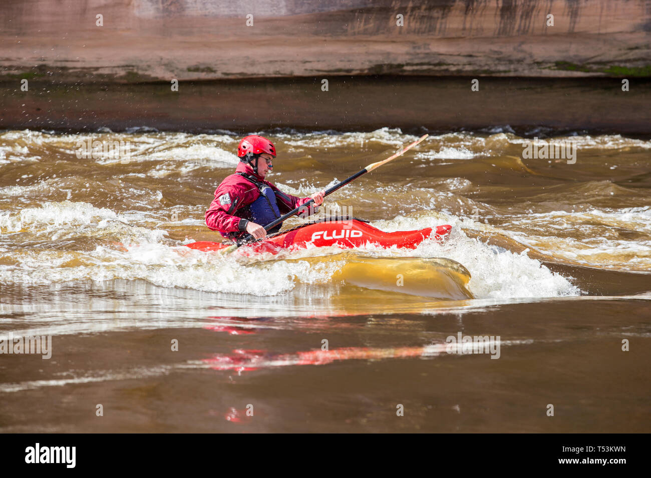 Raft Riga City Cesis, Latvia. Rafting, man with boat, river Gauja. Waves and ...