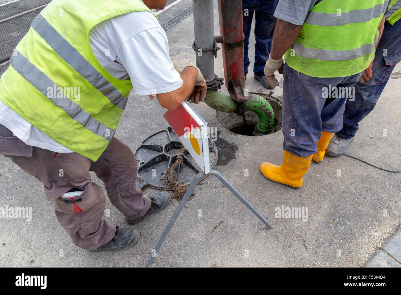 Unblock a drain. Sewer Lines Cleaning Service. Cleaning blocked sewer. Stock Photo