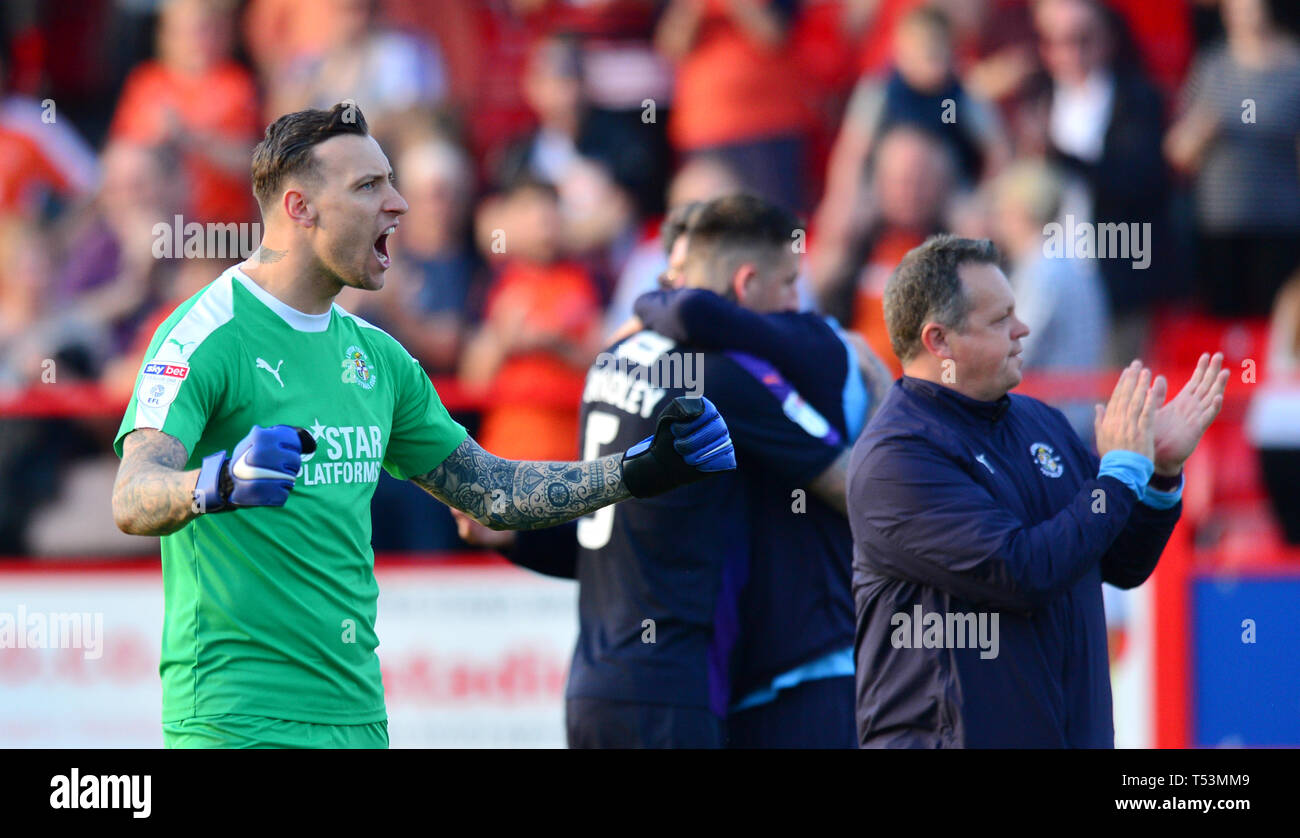 Luton Town goalkeeper Marek Stech celebrates after the final whistle during the Sky Bet League One match at the Wham Stadium, Accrington. Stock Photo