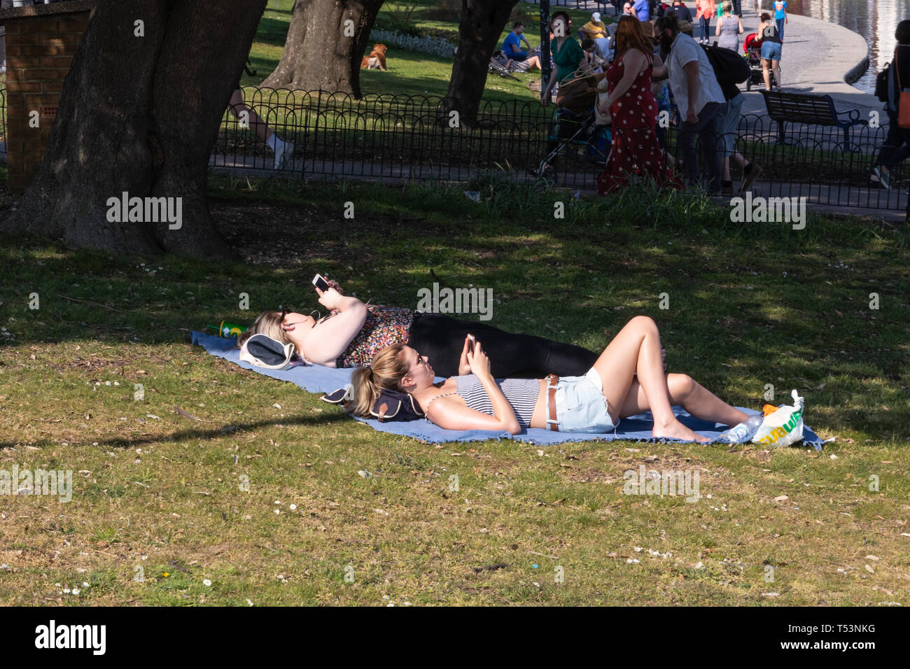 Two teenage women laying in the sun in a park using their mobile phones Stock Photo