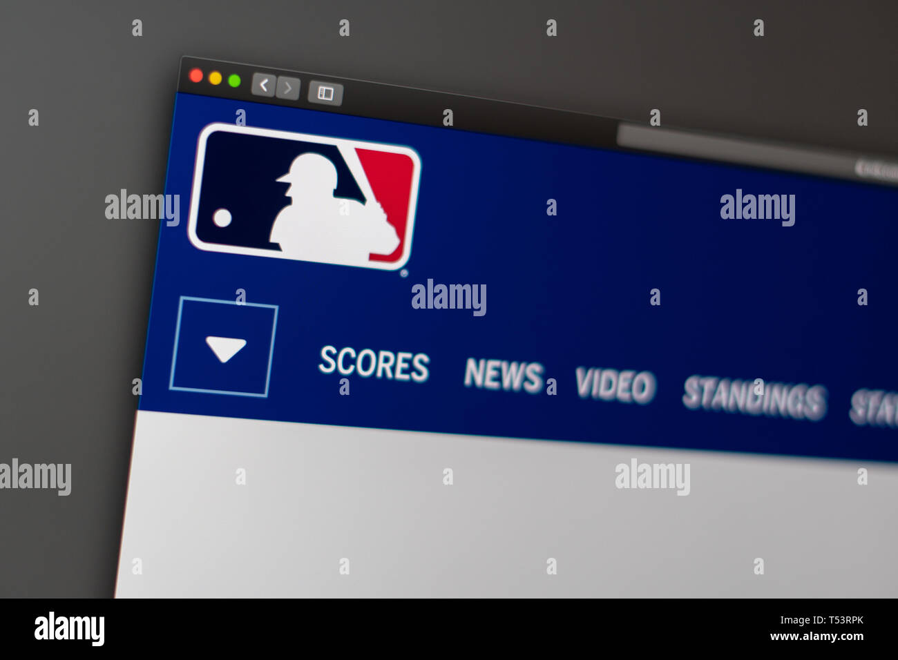 Major League Baseball website homepage. Close up of MLB logo. Can be