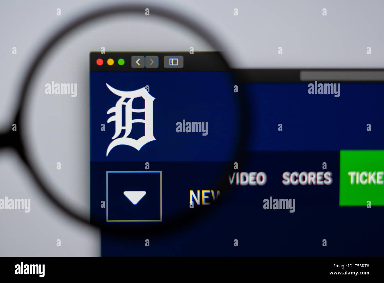 Baseball team Detroit Tigers website homepage. Close up of team logo