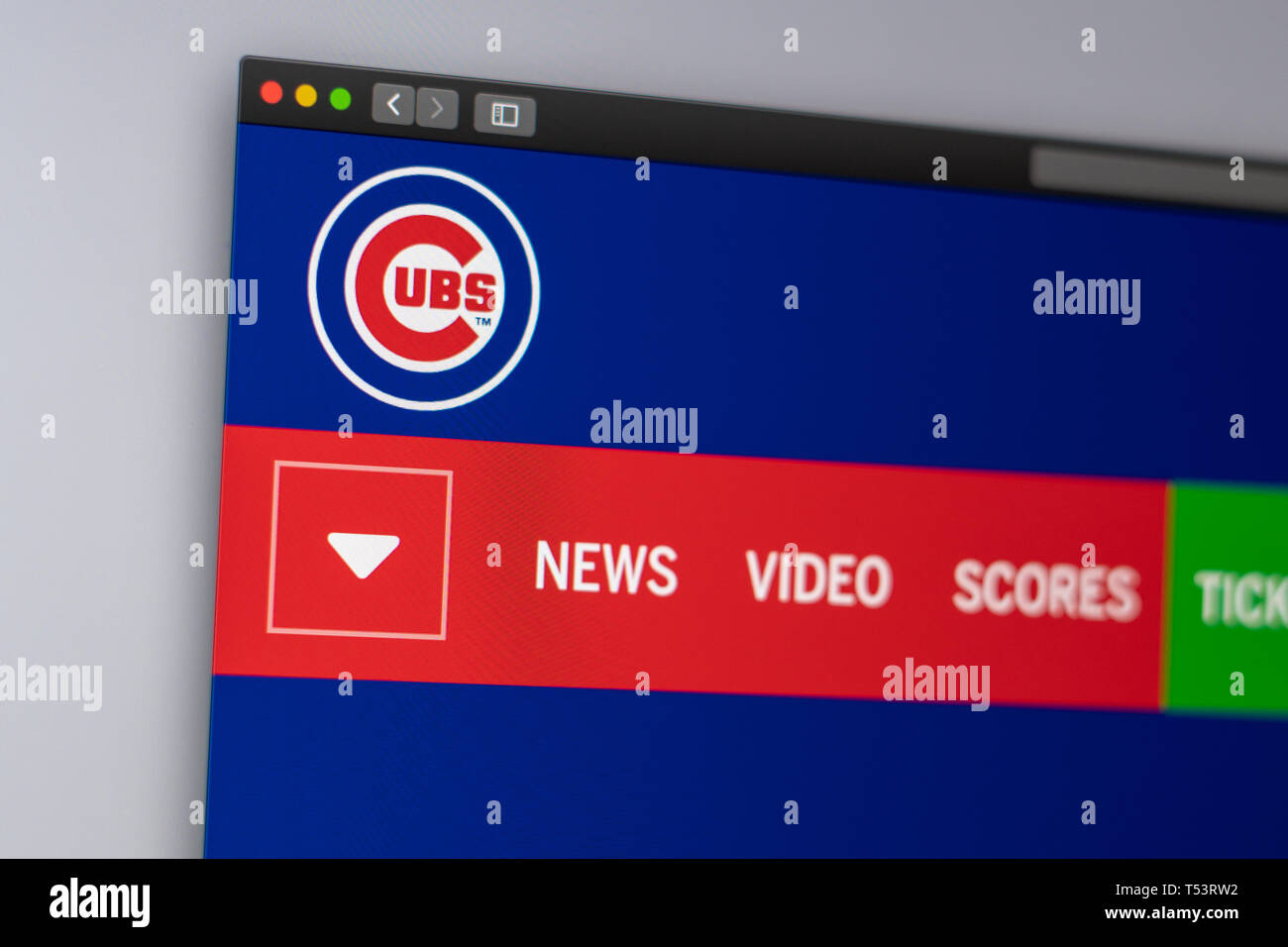 Baseball team Chicago Cubs website homepage. Close up of team logo. Can