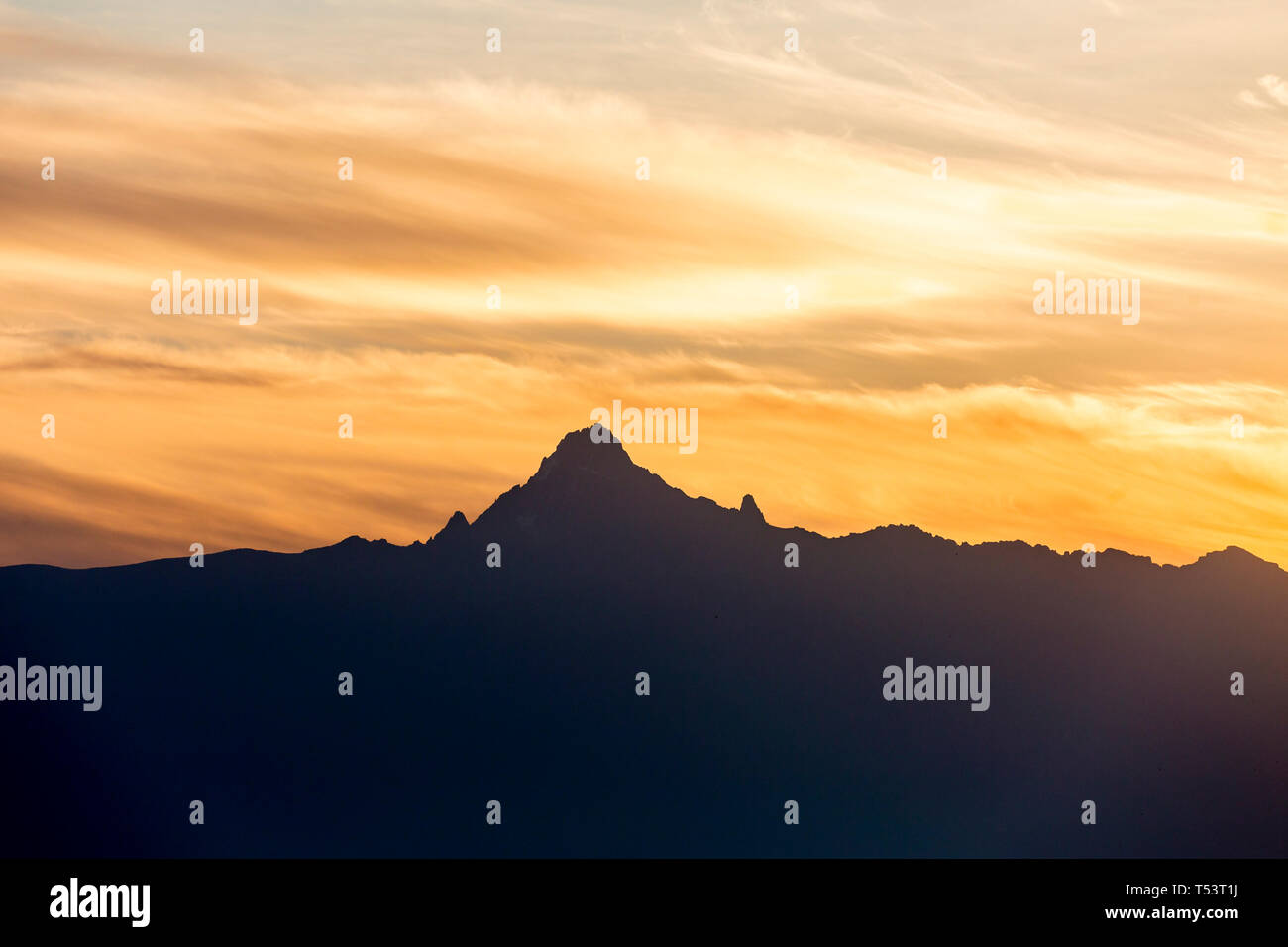 Early morning, sunrise over Mount Kenya, landscape format, Ol Pejeta Conservancy, Laikipia, Kenya, Africa Stock Photo
