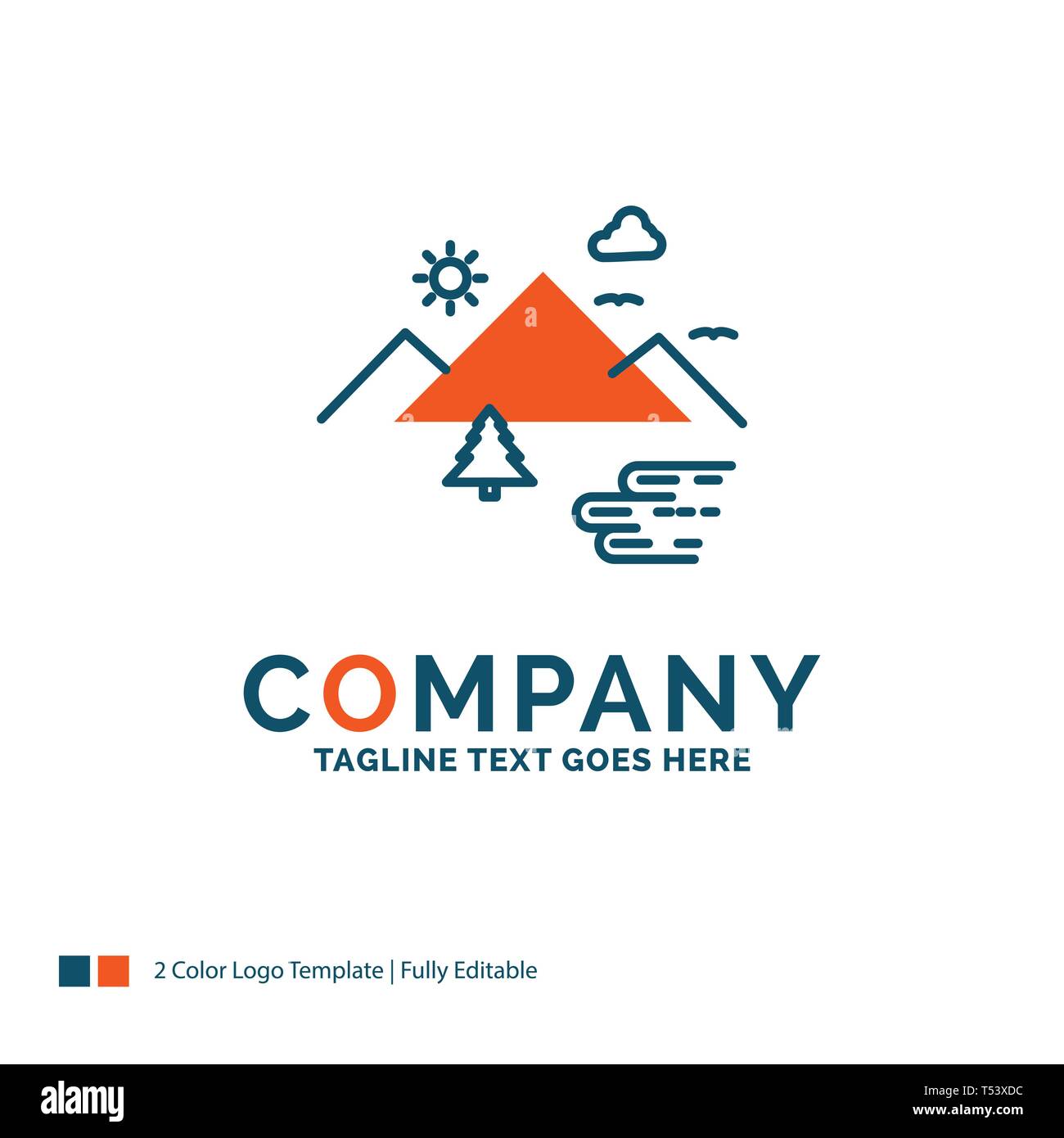 Mountains, Nature, Outdoor, Clouds, Sun Logo Design. Blue and Orange Brand Name Design. Place for Tagline. Business Logo template. Stock Vector