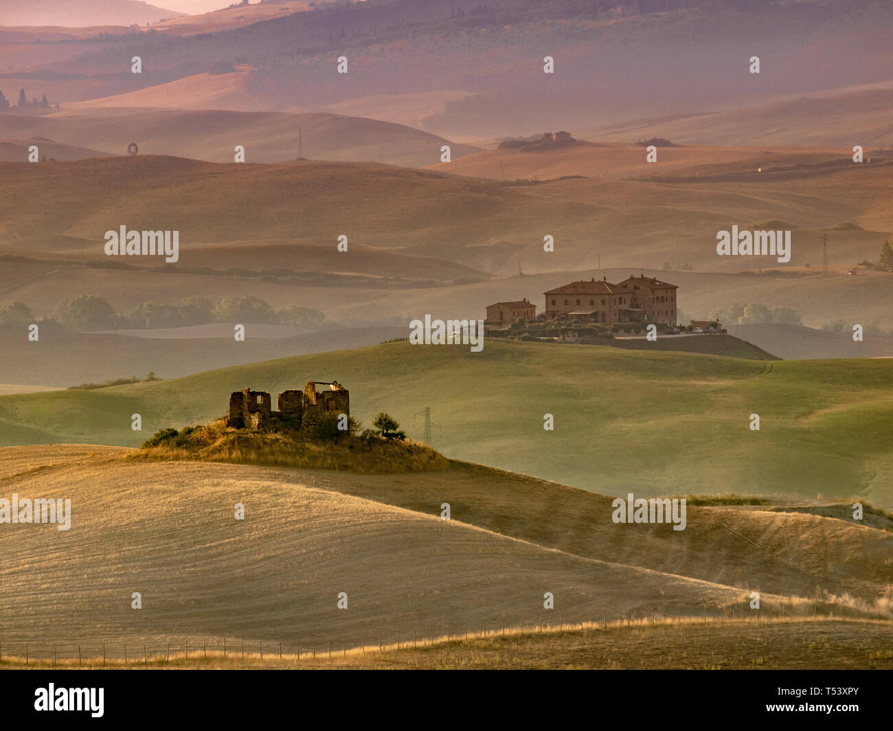 Sunrise over Farms in Hilly Countryside in Tuscany, Italy Stock Photo