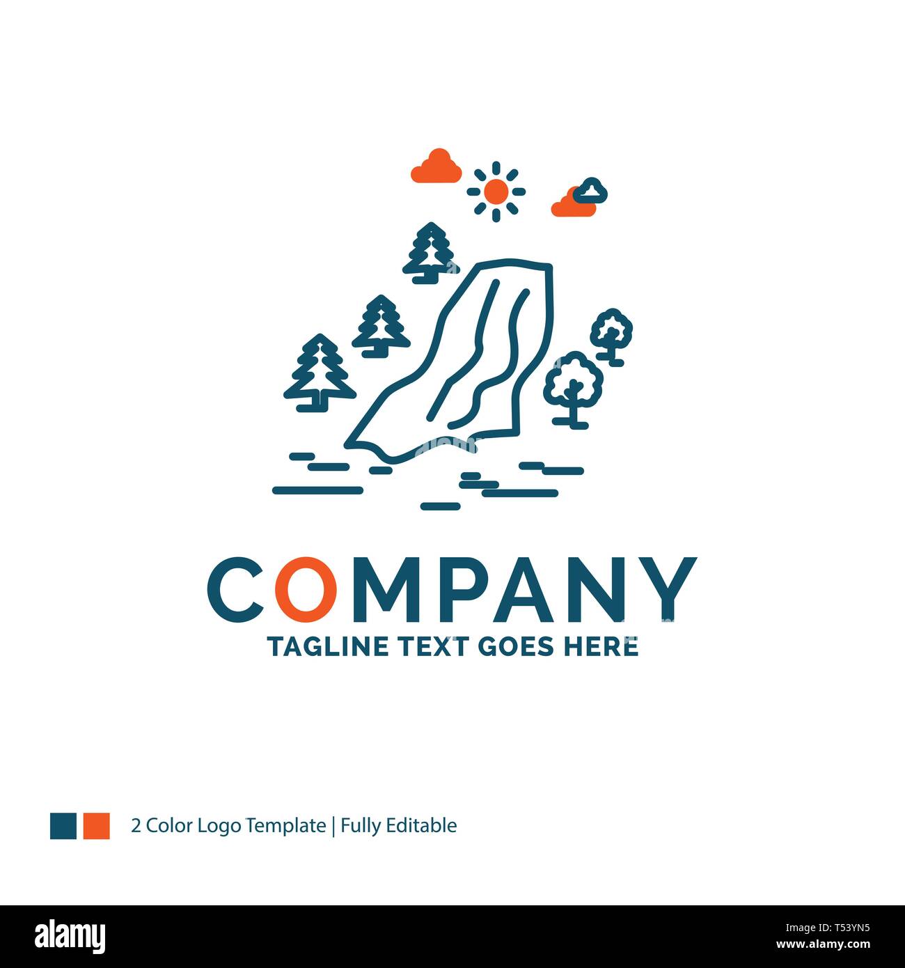 waterfall, tree, pain, clouds, nature Logo Design. Blue and Orange Brand Name Design. Place for Tagline. Business Logo template. Stock Vector