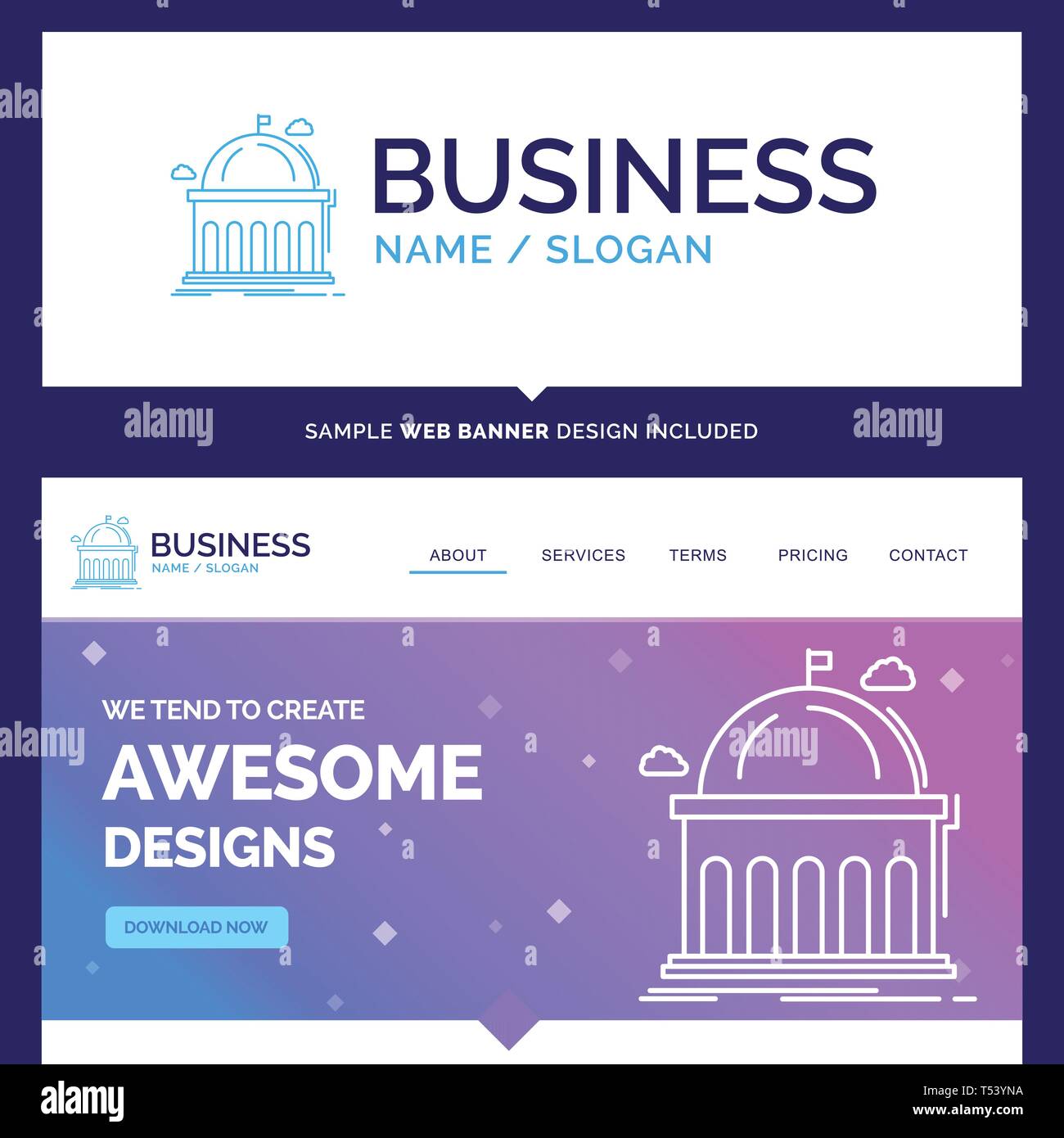 Beautiful Business Concept Brand Name Library, school, education, learning, university Logo Design and Pink and Blue background Website Header Design  Stock Vector
