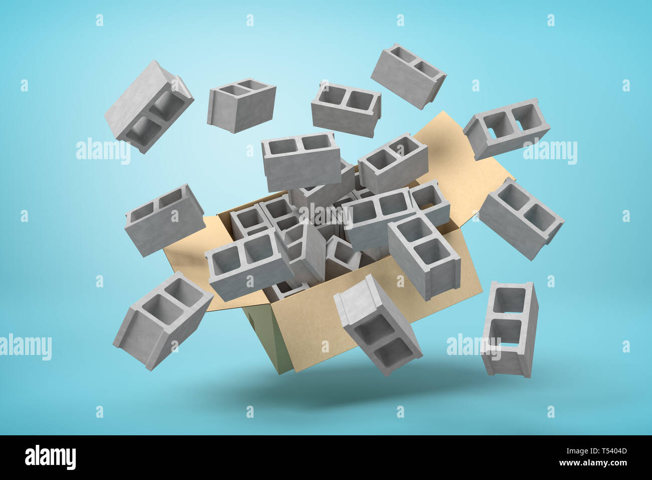 3d rendering of cardboard box in air full of gray hollow bricks which are flying out and floating outside on blue background. Stock Photo