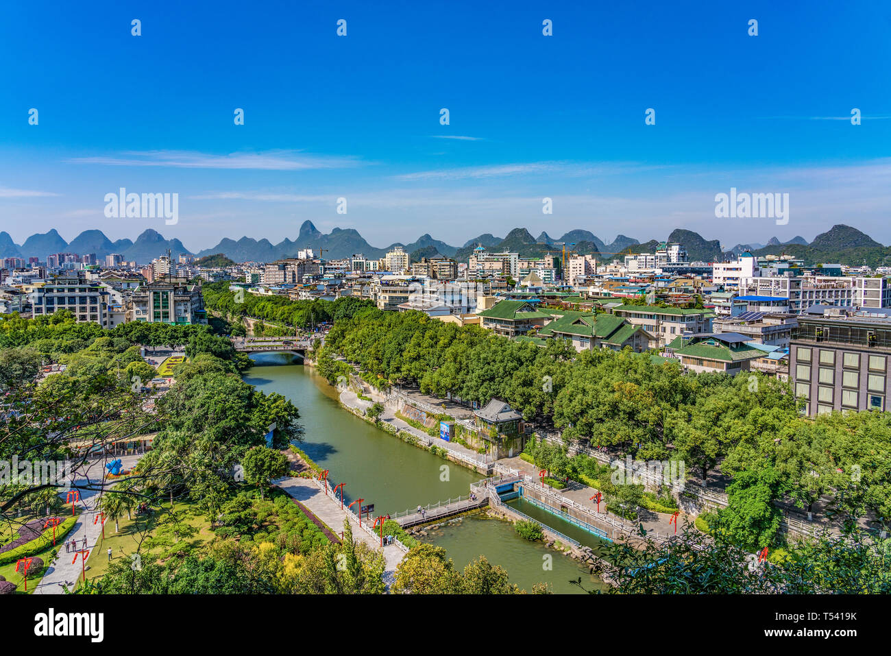GUILIN, CHINA - NOVEMBER 01: This is a scenic view of Guilin city taken from Elephant Trunk Hill, a popular travel destination on November 01, 2018 in Stock Photo