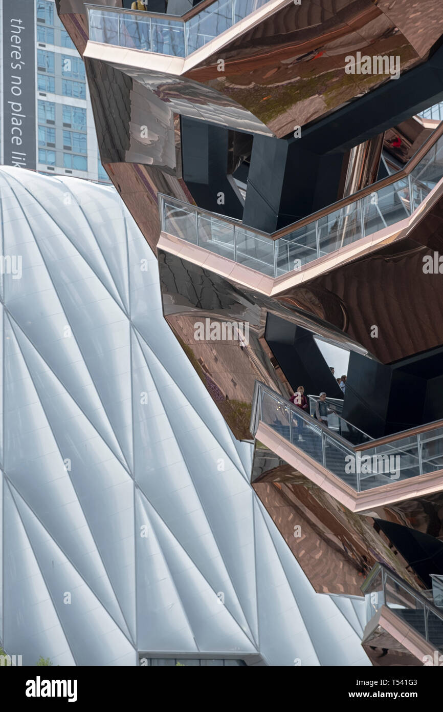 An unusual view of the Beehive and other structures at Hudson Yards on the West Side of manhattan, New York City. Stock Photo